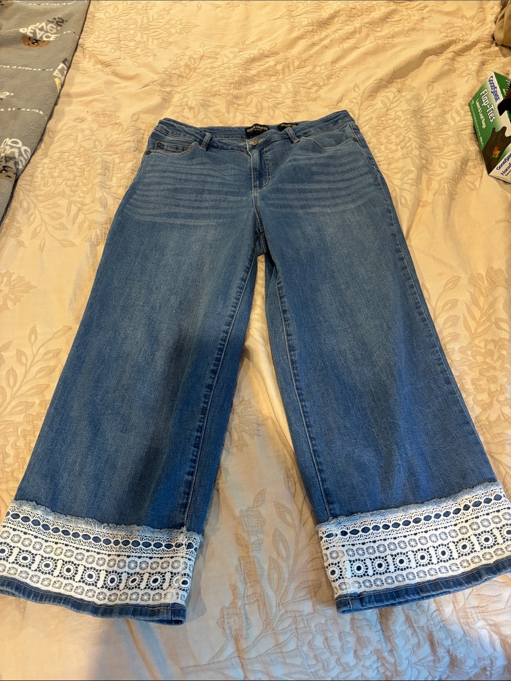 Susan Graver Blue Wide-Leg Jeans with White Crochet Hem